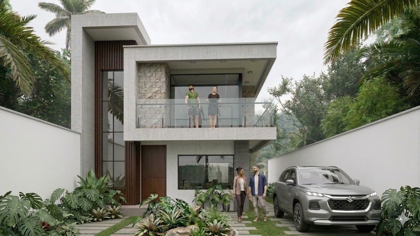 Render de la fachada de la casa de Avenida Beni: estucado, piedra laja, madera y barandal de vidrio.