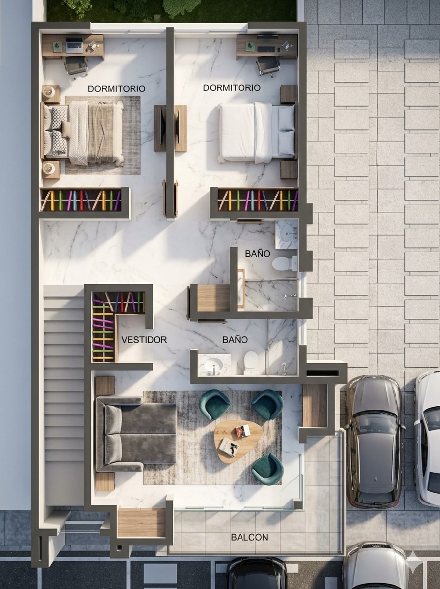 Plano de la planta de dormitorios de Avenida Beni, con dos dormitorios, baños, vestidor y balcón rotulados.