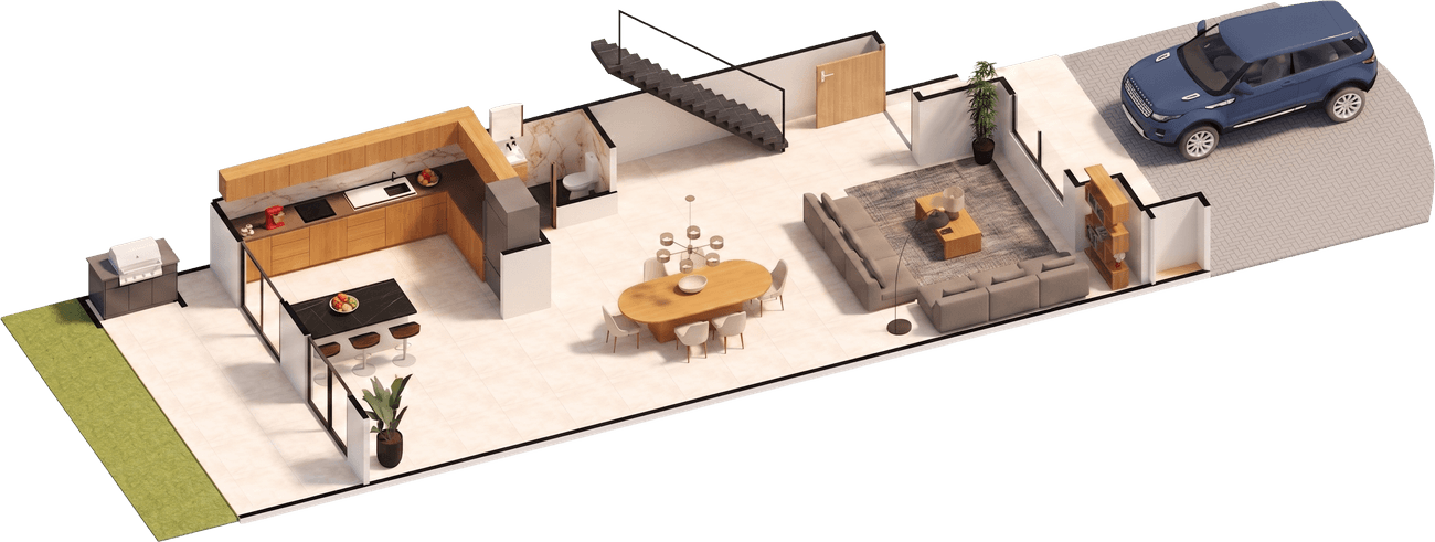 Corte isométrico de la planta baja: cocina, comedor, estar y garaje.
