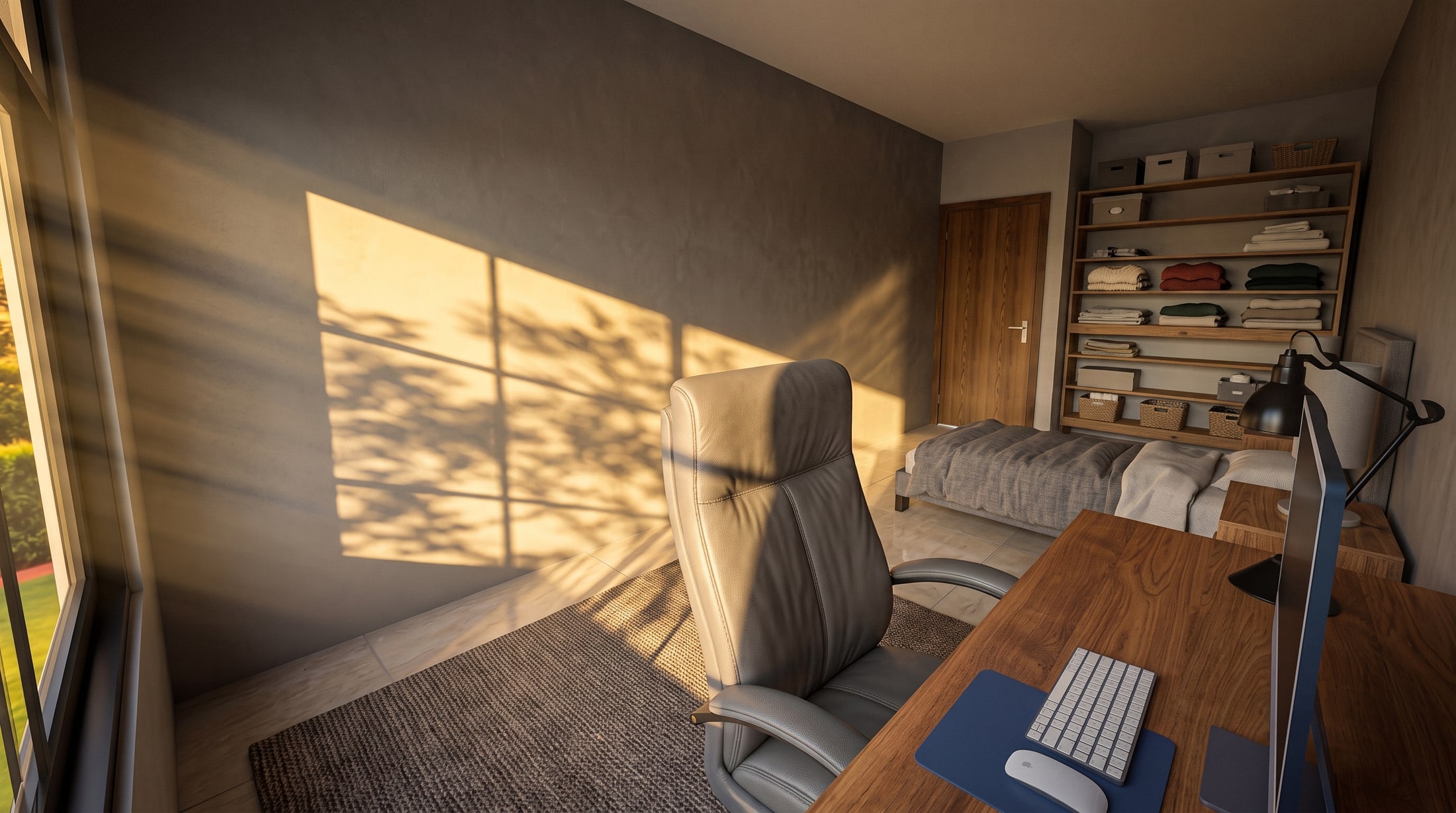 Render de un dormitorio con escritorio de madera junto a la ventana, cama al fondo y estantería de guardado, con la sombra del ventanal proyectada en la pared.