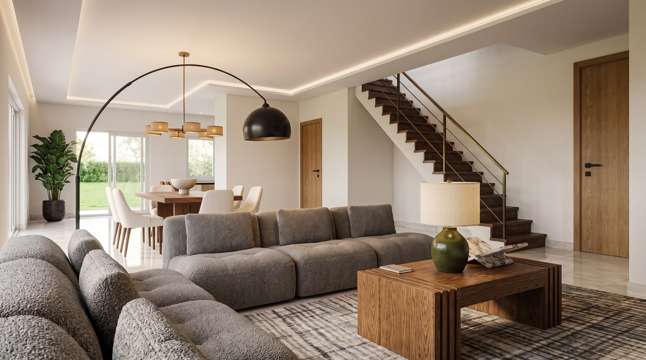 Render del estar: dos sofás, mesa de centro de madera, comedor al fondo con salida al jardín y la escalera de madera con baranda de bronce.