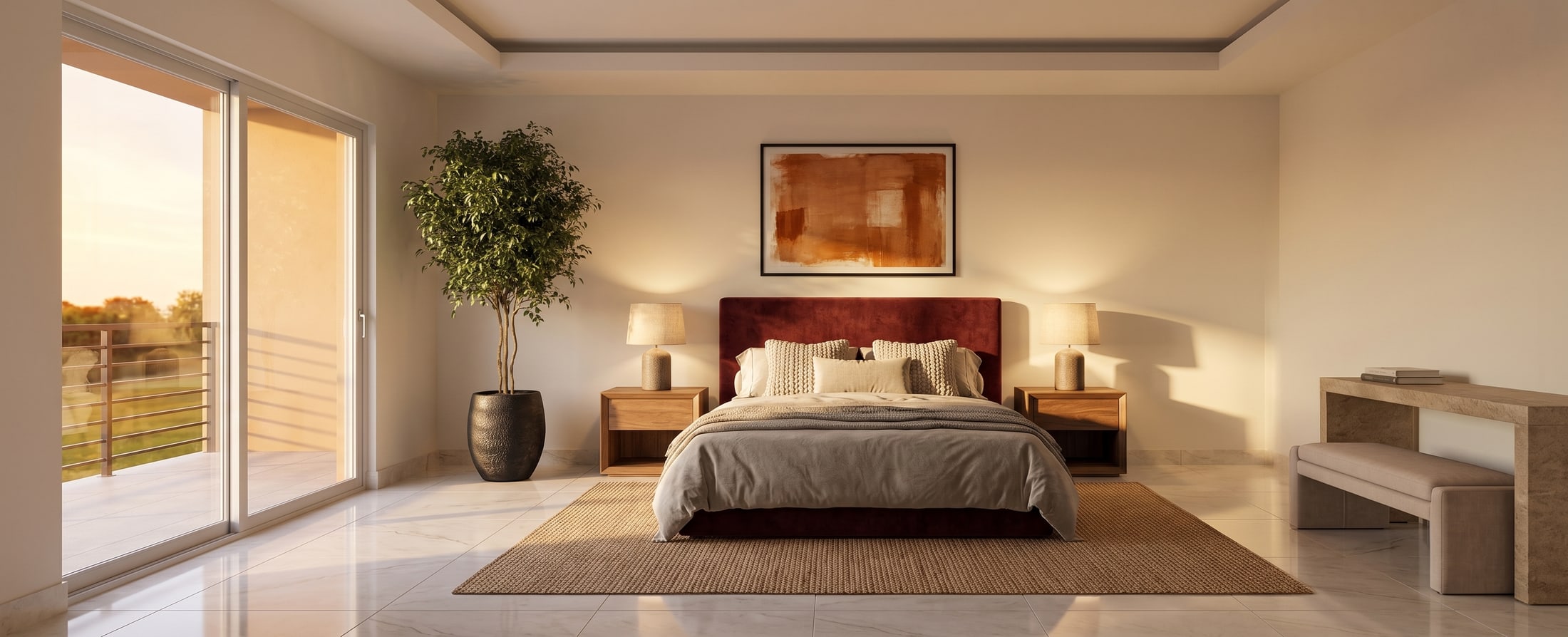 Render de la suite principal: cama contra la pared de fondo, dos mesas de luz, y el ventanal corredizo que da a la terraza con la luz del atardecer entrando.