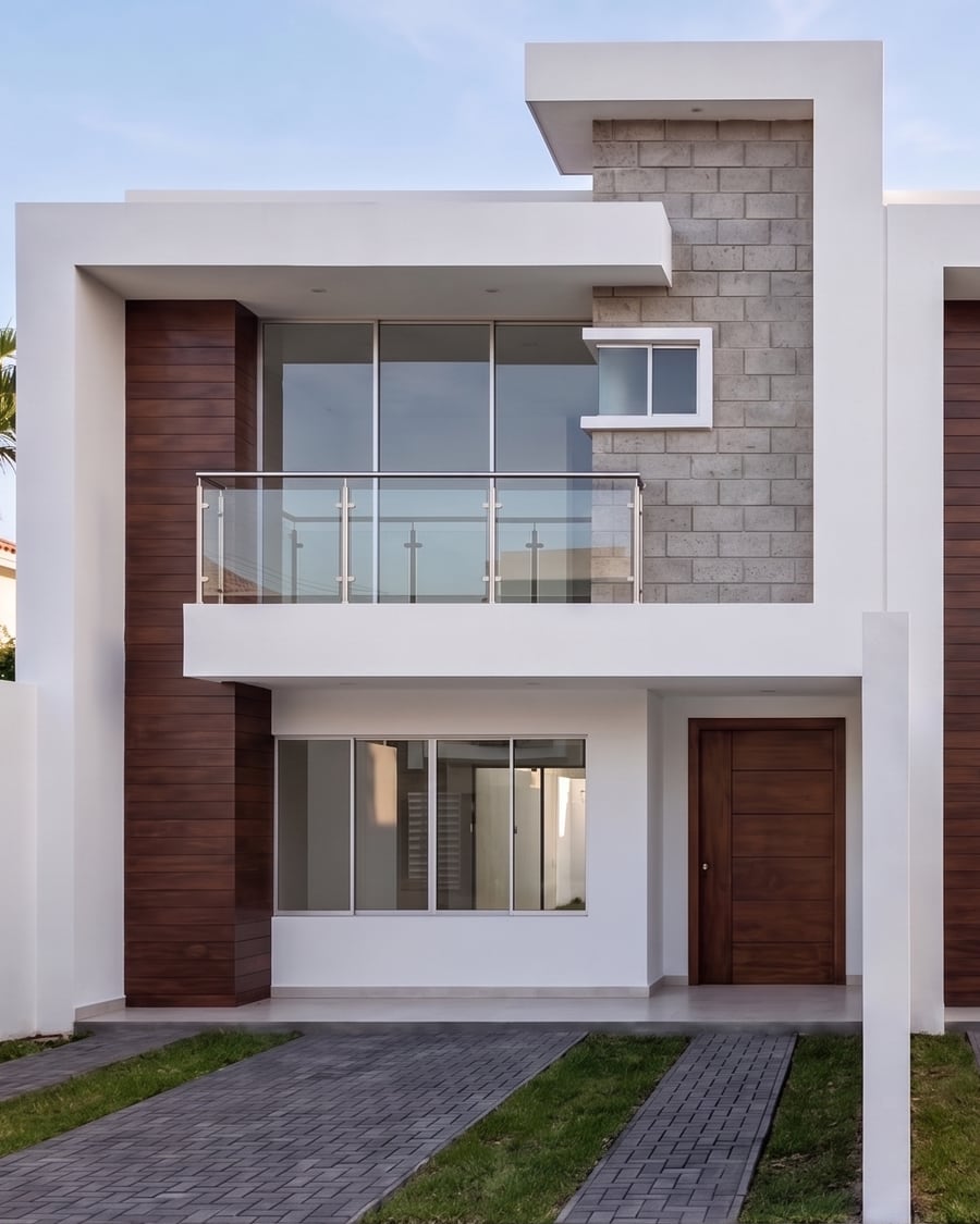 Fachada de una de las viviendas: estucado blanco, revestimiento de piedra, listones de madera y barandal de vidrio templado.